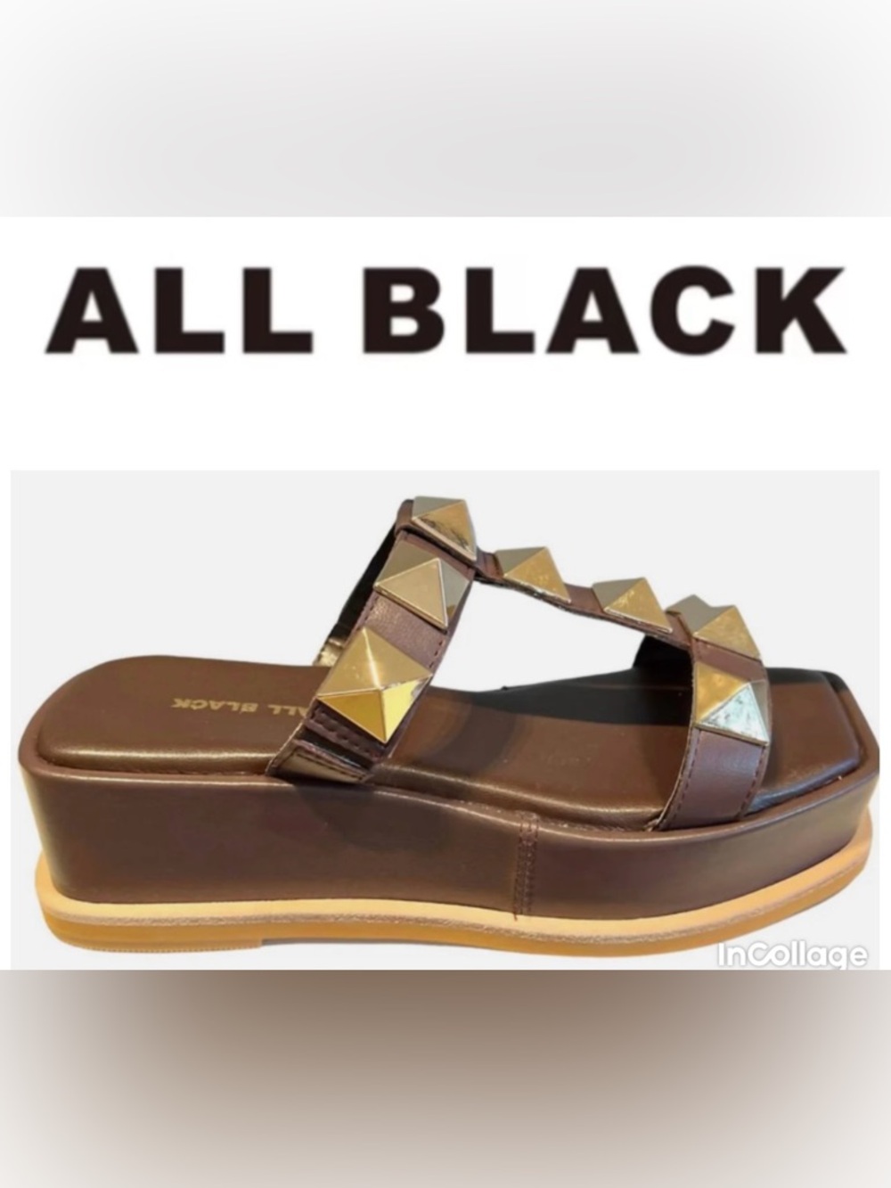 ALL BLACK NWOT Pyramid T Strap Studded Leather Sandal